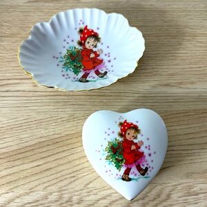 Lefton Trinket Plate & Lidded Heart‎ Dish Little Girl with Christmas Holly Japan